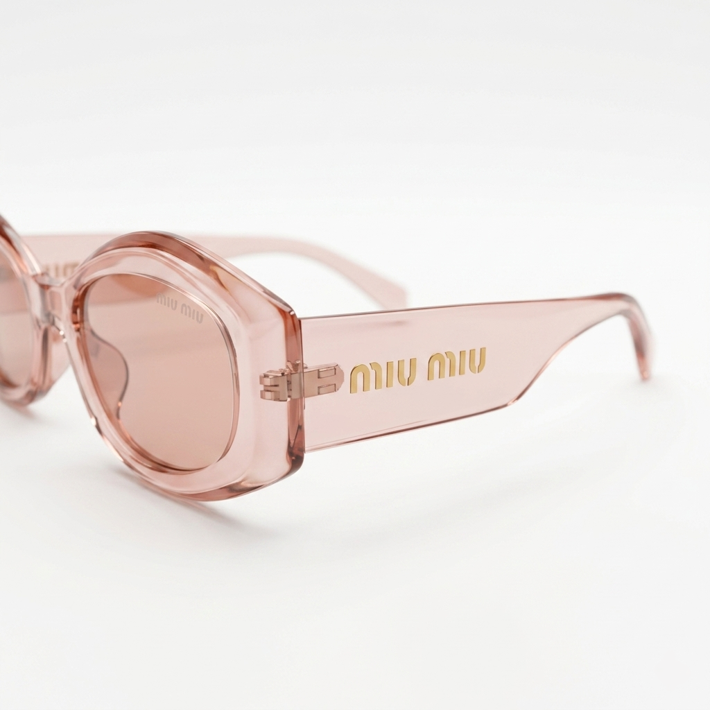 Miu Miu 5713 Designer Oversized Geometric Sunglasses – Transparent Rose Pink with Gold Miu Miu Branding & Light Pink UV Protection Lenses