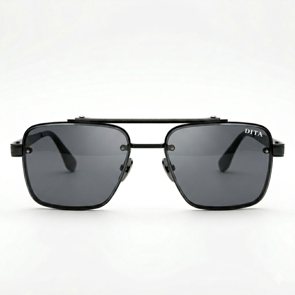 DITA 5G77 Luxury Square Aviator Sunglasses – Matte Black with Red Enamel Detailing, Double Bridge & Gradient Grey Lenses