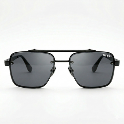 DITA 5G77 Luxury Square Aviator Sunglasses – Matte Black with Red Enamel Detailing, Double Bridge & Gradient Grey Lenses