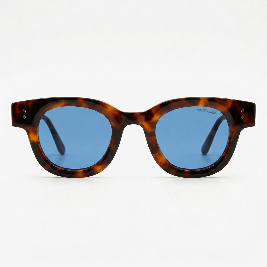Montblanc 89210 Luxury Bold Round Sunglasses – Glossy Havana Tortoise Acetate with Gold Montblanc Temple Branding, Silver Dot Detail & Ocean Blue Tinted UV Protection Lenses