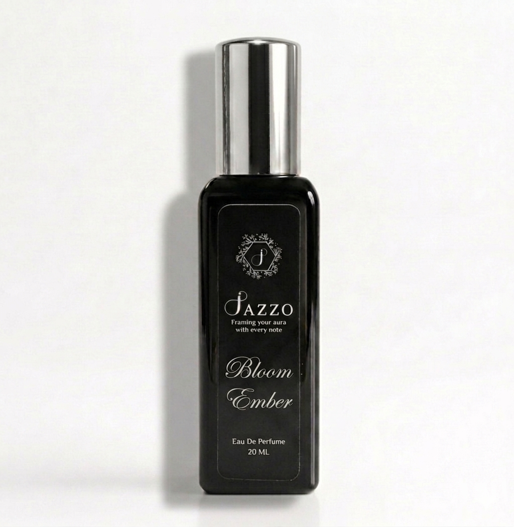 Jazzo Bloom Ember perfume for men and women 20ML, long lasting floral amber fragrance in elegant black bottle design