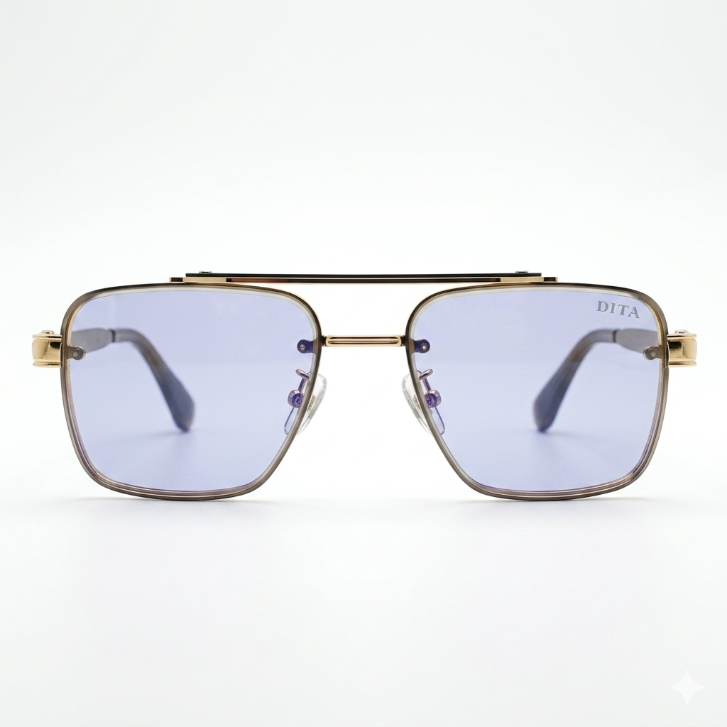DITA 5G77 Luxury Square Aviator Sunglasses – Gold & Black Metal Frame with Double Bridge & Gradient Purple Lenses