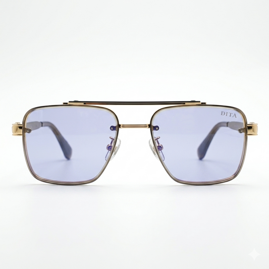 DITA 5G77 Luxury Square Aviator Sunglasses – Gold & Black Metal Frame with Double Bridge & Gradient Purple Lenses