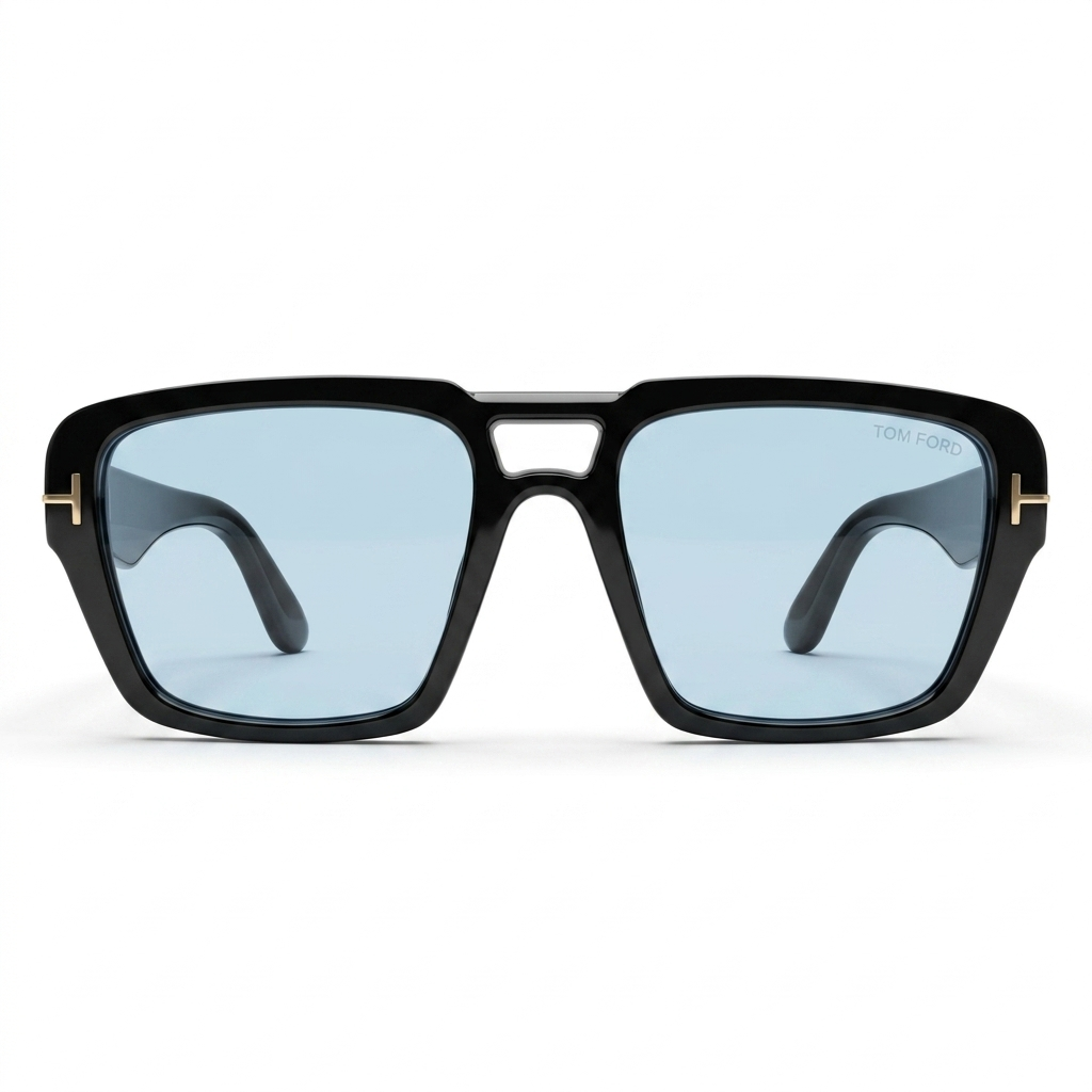 Tom Ford 185 Luxury Oversized Square Sunglasses – Glossy Black Acetate with Gold T-Logo Hinge, Tom Ford Branding & Light Blue UV Protection Lenses
