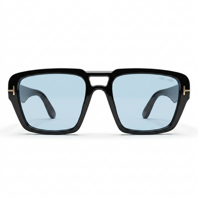 Tom Ford 185 Luxury Oversized Square Sunglasses – Glossy Black Acetate with Gold T-Logo Hinge, Tom Ford Branding & Light Blue UV Protection Lenses