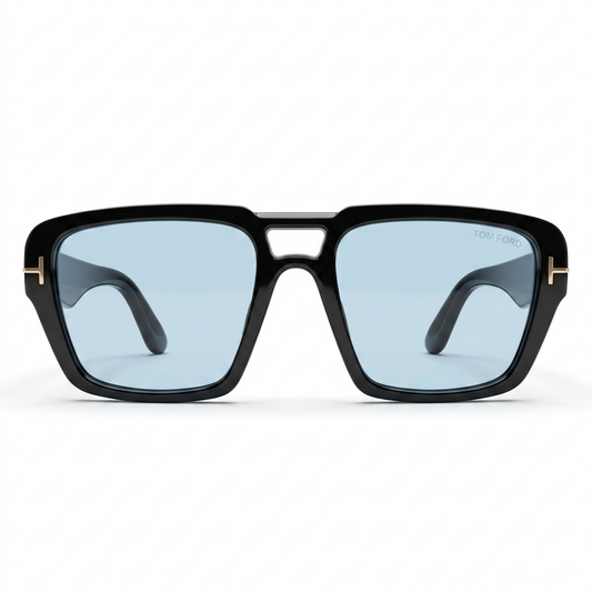 Tom Ford 185 Luxury Oversized Square Sunglasses – Glossy Black Acetate with Gold T-Logo Hinge, Tom Ford Branding & Light Blue UV Protection Lenses