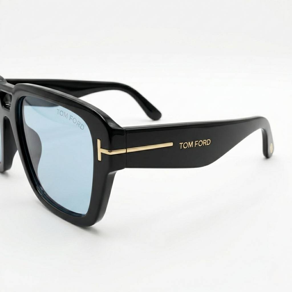 Tom Ford 185 Luxury Oversized Square Sunglasses – Glossy Black Acetate with Gold T-Logo Hinge, Tom Ford Branding & Light Blue UV Protection Lenses