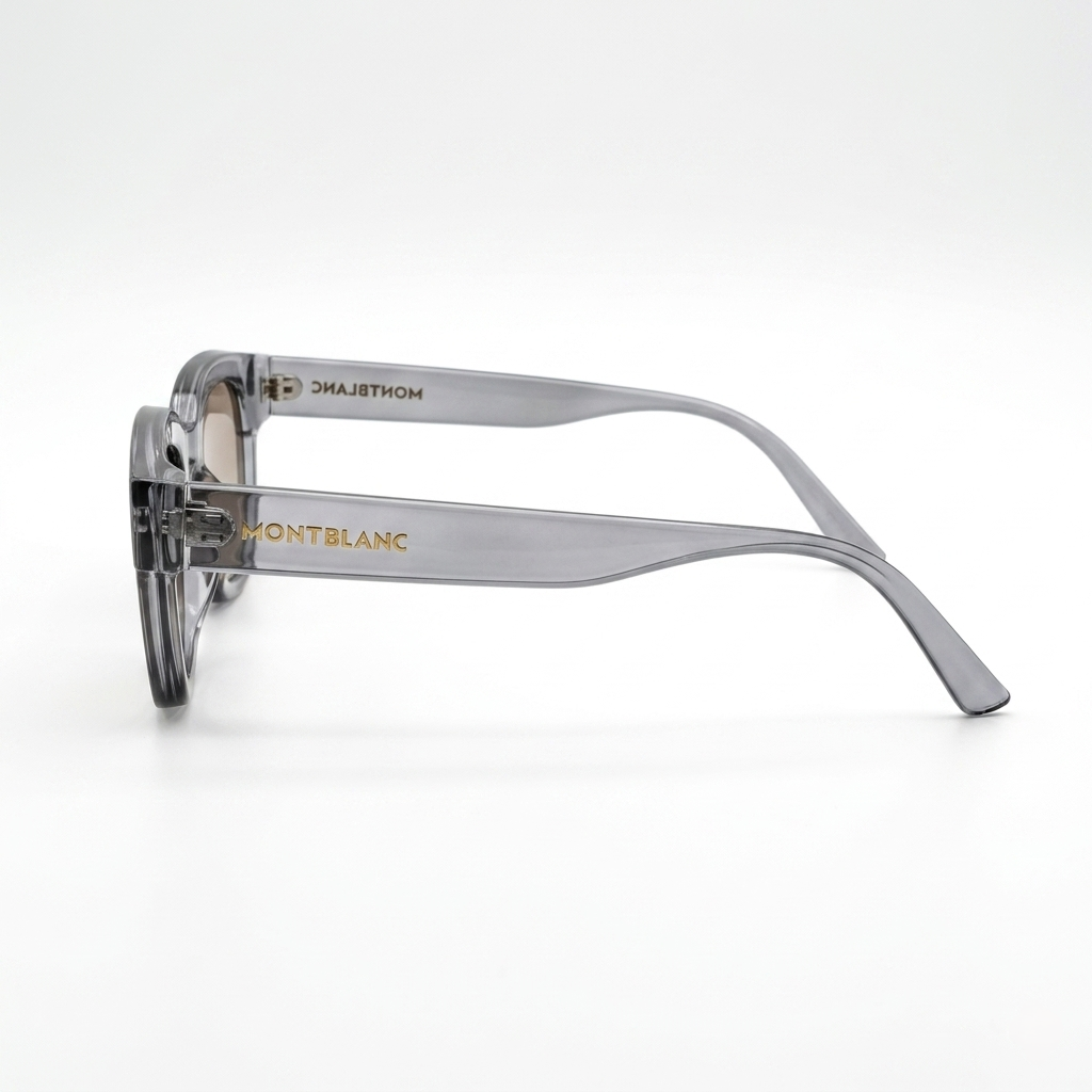 Montblanc 89210 Luxury Bold Round Sunglasses – Transparent Crystal Grey Acetate with Gold Montblanc Temple Branding, Silver Rivet Detail & Brown Tinted UV Protection Lenses