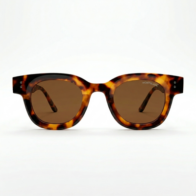 Montblanc 89210 Luxury Bold Round Sunglasses – Havana Tortoise Acetate with Gold Montblanc Temple Branding, Silver Rivet Detail & Brown Tinted UV Protection Lenses