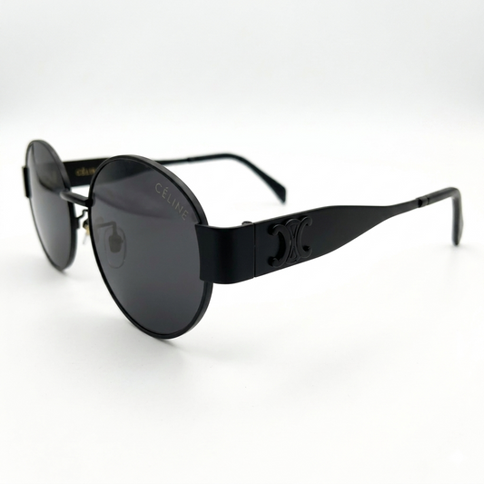 Celine 2380 Designer Oval Sunglasses – All Matte Black with Signature Celine Triomphe Logo & Dark Grey UV Protection Lenses Made in Italy