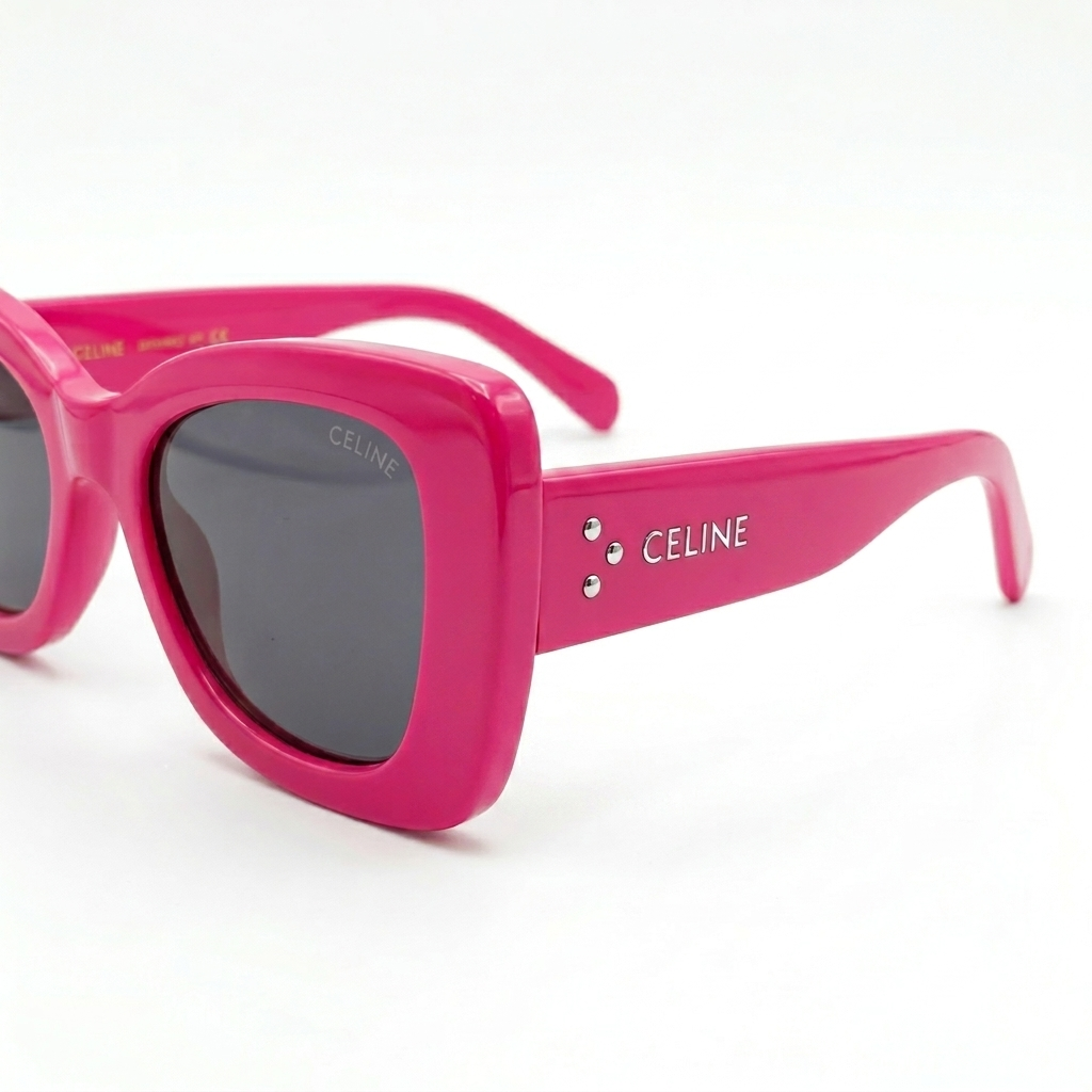 Celine 3743 Designer Bold Cat-Eye Sunglasses – Hot Pink Fuchsia Acetate with Silver Celine Branding & Dark Grey UV Protection Lenses