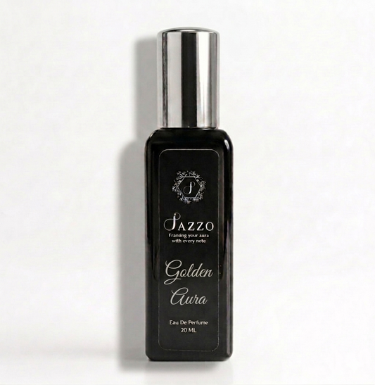 Jazzo Golden Aura Eau De Perfume 20ml luxury perfume for men and women in black bottle with silver cap, long-lasting premium fragrance spray