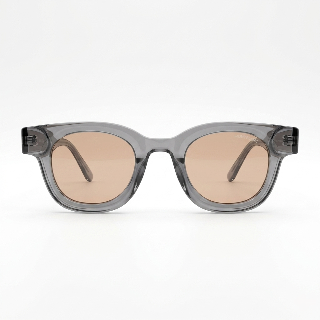 Montblanc 89210 Luxury Bold Round Sunglasses – Transparent Crystal Grey Acetate with Gold Montblanc Temple Branding, Silver Rivet Detail & Brown Tinted UV Protection Lenses