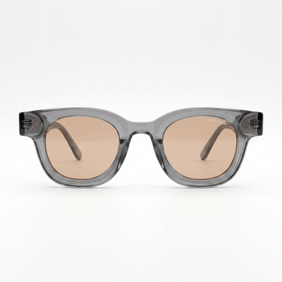 Montblanc 89210 Luxury Bold Round Sunglasses – Transparent Crystal Grey Acetate with Gold Montblanc Temple Branding, Silver Rivet Detail & Brown Tinted UV Protection Lenses