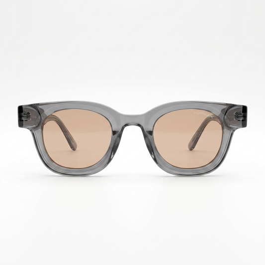 Montblanc 89210 Luxury Bold Round Sunglasses – Transparent Crystal Grey Acetate with Gold Montblanc Temple Branding, Silver Rivet Detail & Brown Tinted UV Protection Lenses