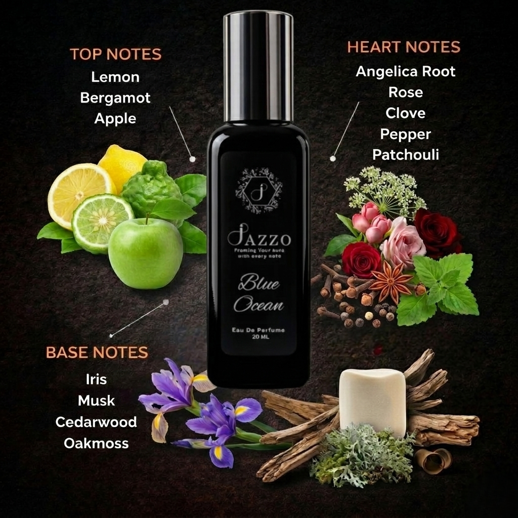Jazzo Blue Ocean perfume for men and women 20ML, premium long lasting ocean fragrance in stylish black bottle