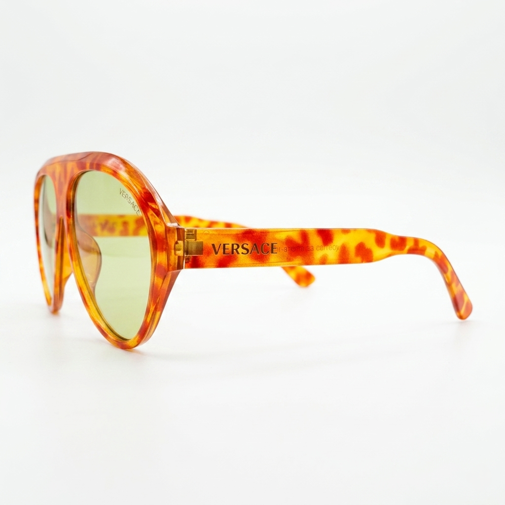 Versace 97193 Luxury Bold Aviator Sunglasses – Havana Tortoise Acetate with Gold Versace Temple Branding & Light Green UV Protection Lenses
