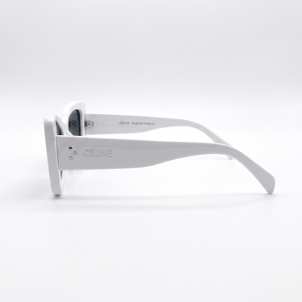 Celine 3743 Designer Bold Cat-Eye Sunglasses – Pure White Acetate with Gold Dot Detail, Celine Branding & Dark Grey UV Protection Lenses
