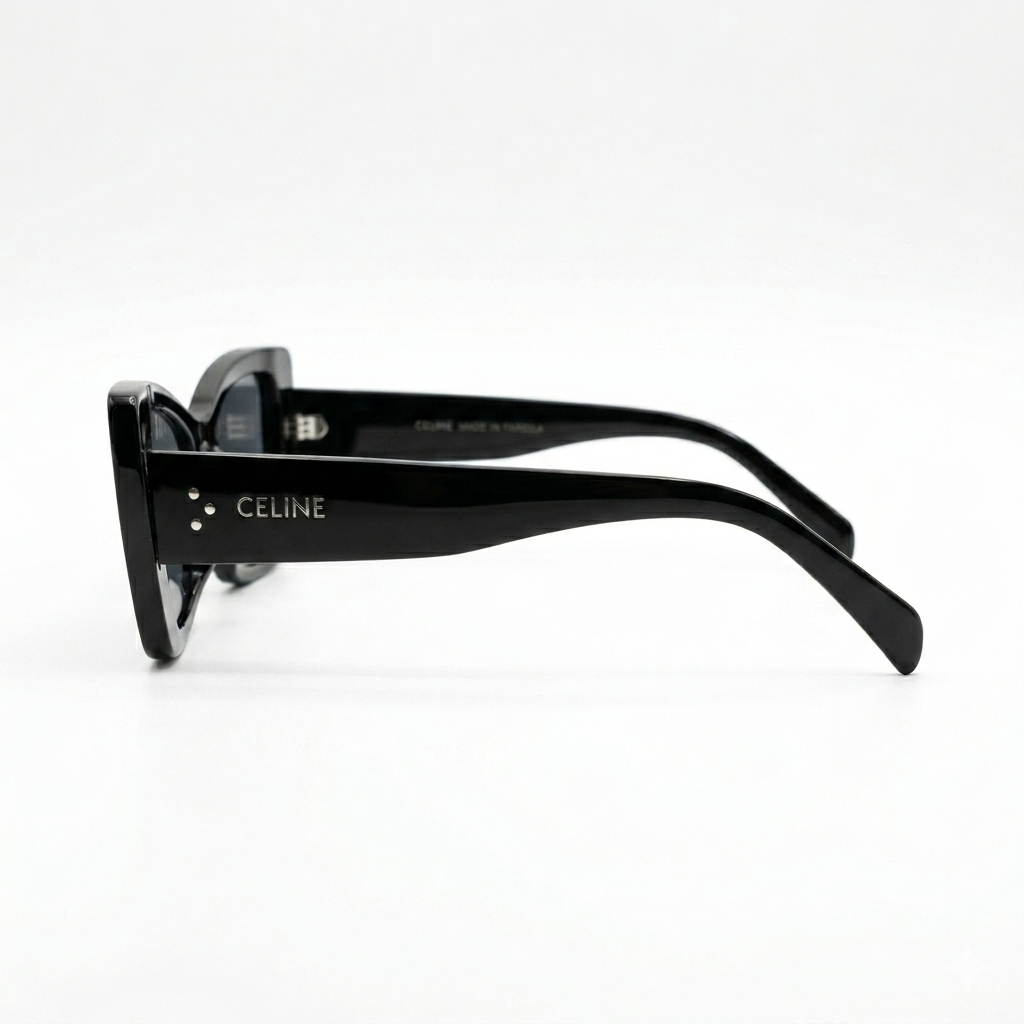 Celine 3743 Luxury Bold Cat-Eye Sunglasses – Glossy Black Acetate with Iconic Silver Celine Temple Branding, Dot Detail & Dark Grey UV Protection Lenses
