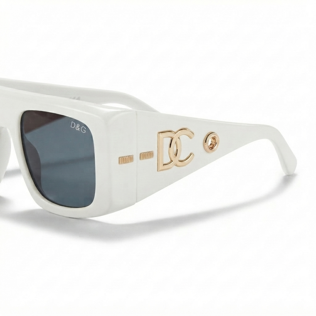 Dolce & Gabbana 98088 Flat-Top Sunglasses for Men – Glossy White Acetate Frame, Gold DG Logo Detail, Solid Grey UV400 Protection Lenses – Luxury Designer Eyewear