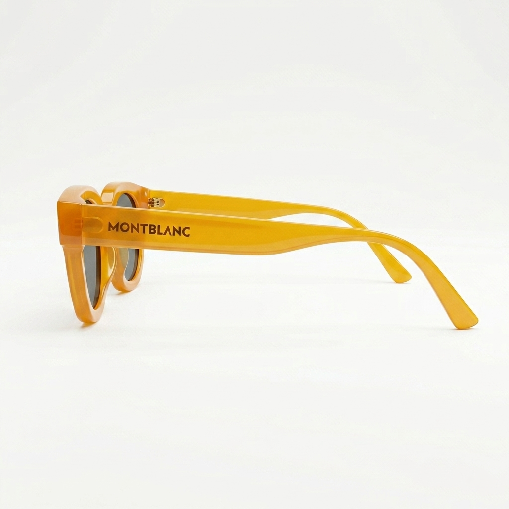 Montblanc 89210 Luxury Bold Round Sunglasses – Honey Amber Acetate with Gold Montblanc Temple Branding, Gold Dot Detail & Dark Grey UV Protection Lenses