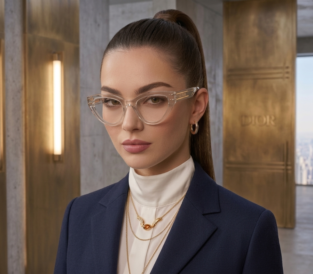 Christian Dior 28 Luxury Cat-Eye Eyeglasses – Crystal Clear Transparent Acetate with Gold Christian Dior Branding & Clear Optical Lenses