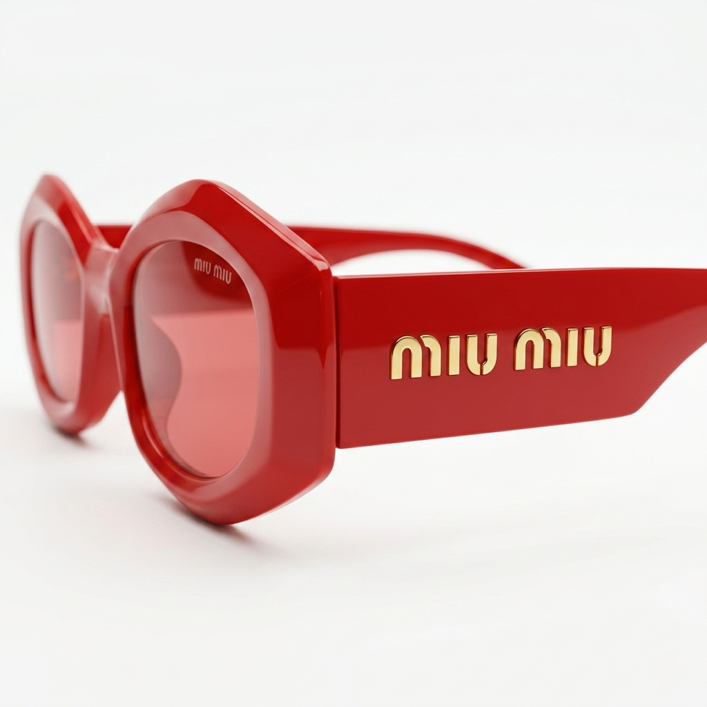 Miu Miu 5713 Luxury Oversized Geometric Sunglasses – Glossy Cherry Red Acetate with Iconic Gold Miu Miu Temple Branding & Red Tinted UV Protection Lenses