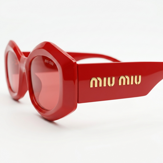 Miu Miu 5713 Luxury Oversized Geometric Sunglasses – Glossy Cherry Red Acetate with Iconic Gold Miu Miu Temple Branding & Red Tinted UV Protection Lenses