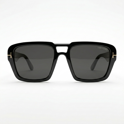 Tom Ford 185 Luxury Oversized Square Sunglasses – Glossy Black Acetate with Iconic Gold T-Logo Hinge, Tom Ford Temple Branding & Dark Grey UV Protection Lenses