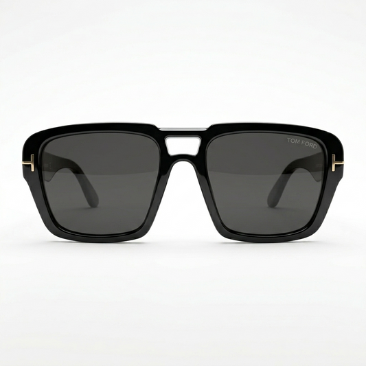 Tom Ford 185 Luxury Oversized Square Sunglasses – Glossy Black Acetate with Iconic Gold T-Logo Hinge, Tom Ford Temple Branding & Dark Grey UV Protection Lenses