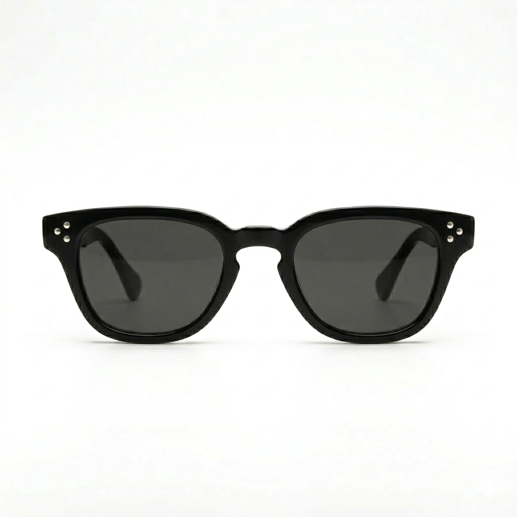 Moscot QM33306 Luxury Bold Square Wayfarer Sunglasses – Glossy Black Acetate with Silver Rivet Detail, Keyhole Bridge & Dark Grey UV Protection Lenses
