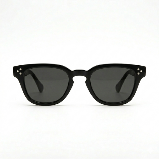 Moscot QM33306 Luxury Bold Square Wayfarer Sunglasses – Glossy Black Acetate with Silver Rivet Detail, Keyhole Bridge & Dark Grey UV Protection Lenses