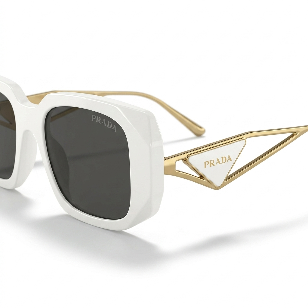 Prada 02 Designer Oversized Square Sunglasses – Glossy White Acetate with Gold Wire Temples, White Prada Triangle Logo & Dark Grey UV Protection Lenses