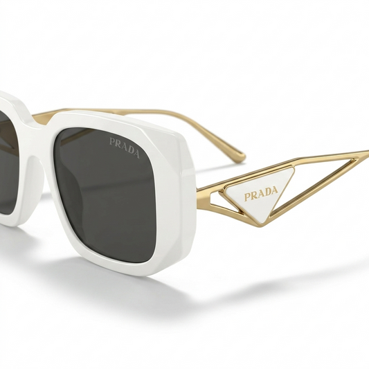 Prada 02 Designer Oversized Square Sunglasses – Glossy White Acetate with Gold Wire Temples, White Prada Triangle Logo & Dark Grey UV Protection Lenses
