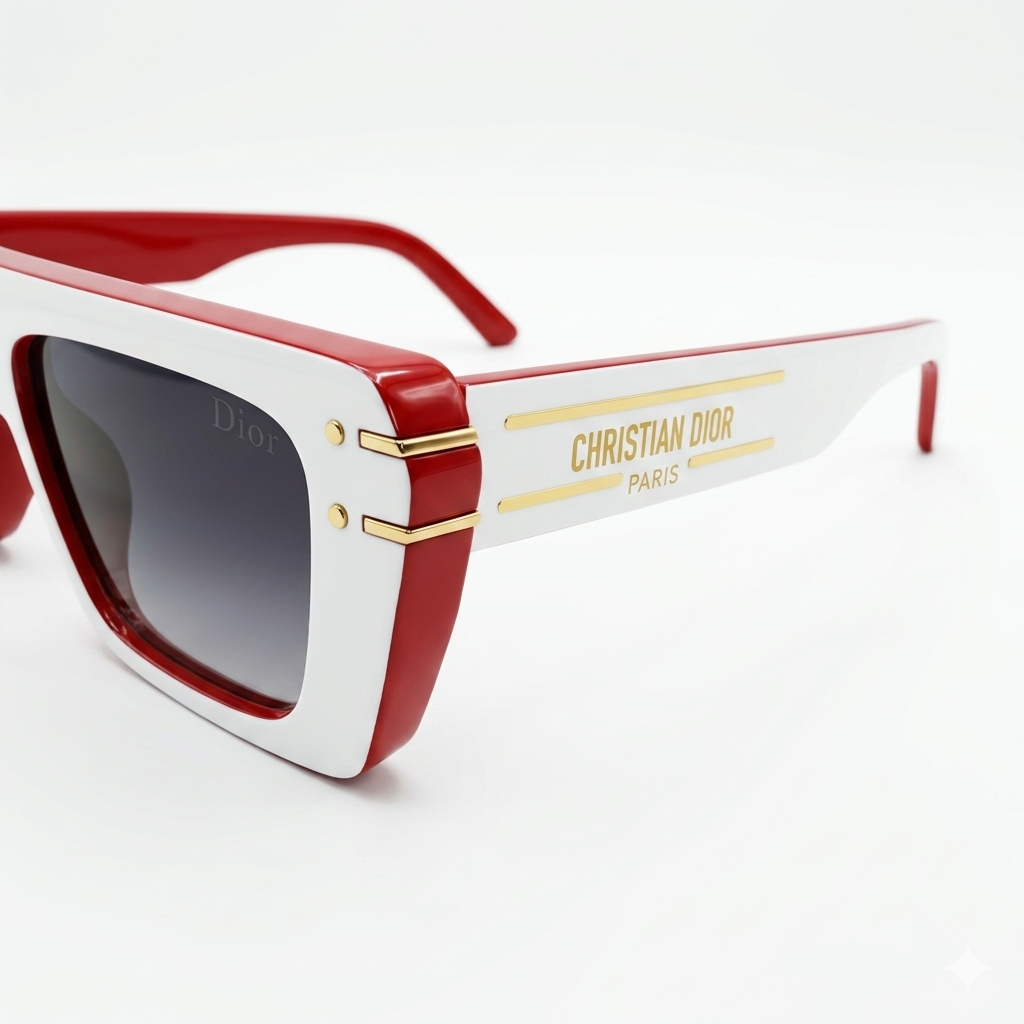 Christian Dior 29 Luxury Square Sunglasses – Glossy White & Red Two-Tone Acetate with Gradient Grey Lenses & Gold Christian Dior Paris Branding