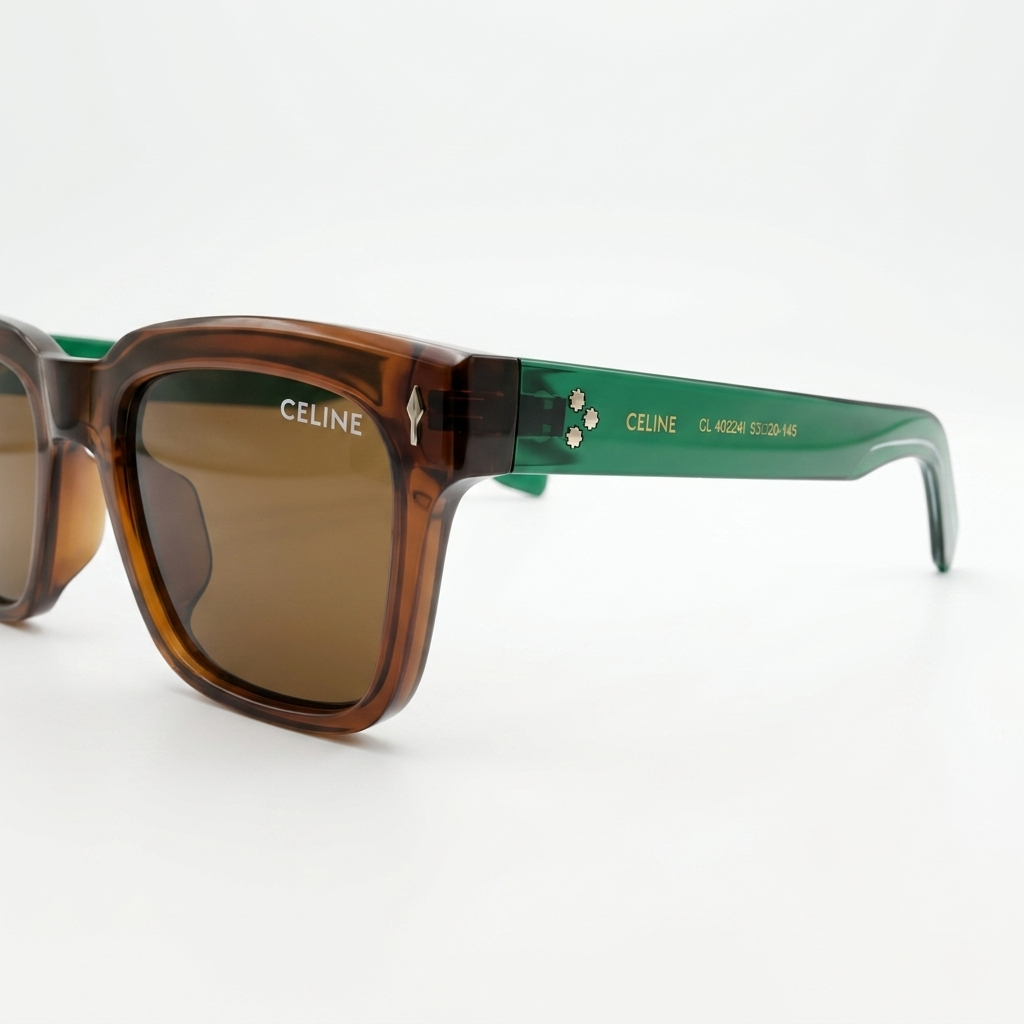 Celine 3831 Luxury Bold Square Sunglasses – Transparent Brown Acetate with Green Temples & Brown UV Protection Lenses