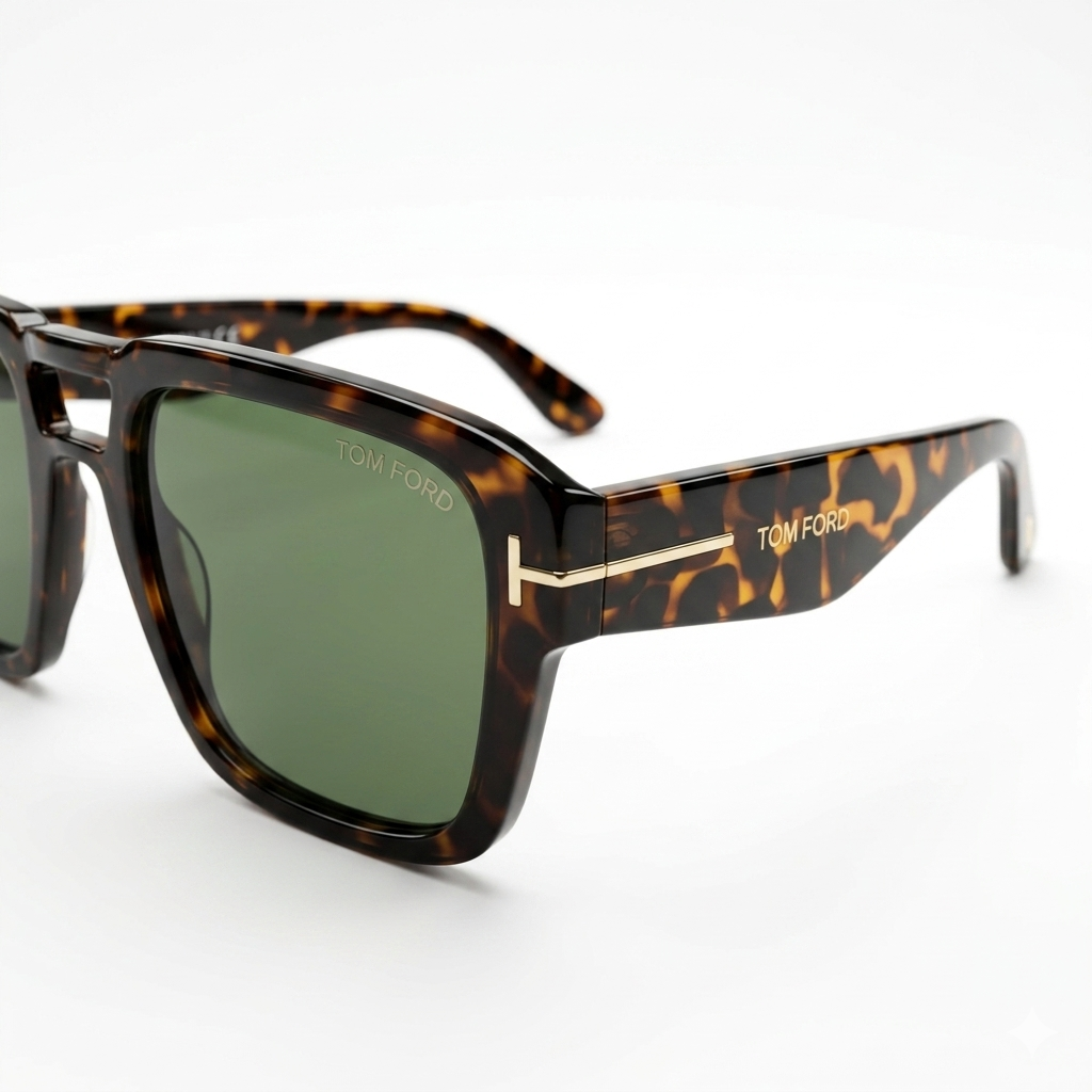 Tom Ford 185 Luxury Oversized Square Sunglasses – Tortoiseshell Brown Acetate with Gold T-Logo Hinge, Tom Ford Branding & Green UV Protection Lenses