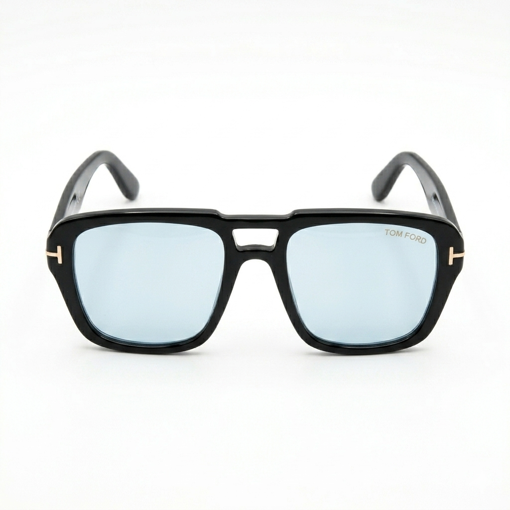 Tom Ford 185 Luxury Oversized Square Sunglasses – Glossy Black Acetate with Gold T-Logo Hinge, Tom Ford Branding & Light Blue UV Protection Lenses