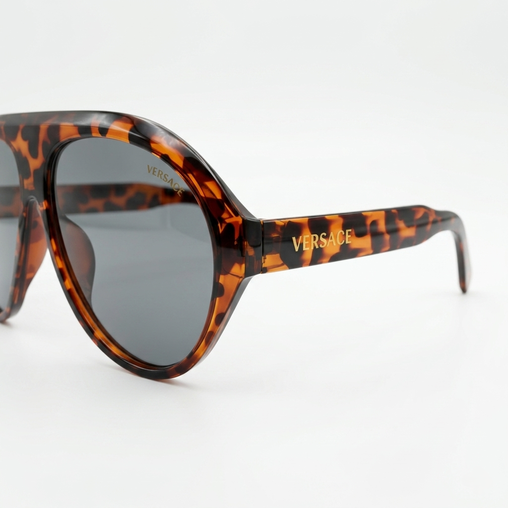 Versace 97193 Luxury Bold Aviator Sunglasses – Havana Tortoise Acetate with Gold Versace Temple Branding & Dark Grey UV Protection Lenses