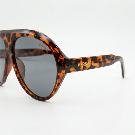 Versace 97193 Luxury Bold Aviator Sunglasses – Havana Tortoise Acetate with Gold Versace Temple Branding & Dark Grey UV Protection Lenses