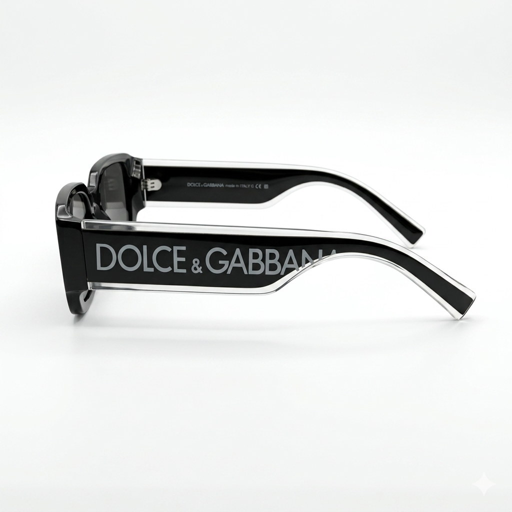 Dolce & Gabbana DG6187 Oversized Rectangular Sunglasses – Glossy Black Acetate with Bold D&G Logo Temples & Dark Grey UV Lenses