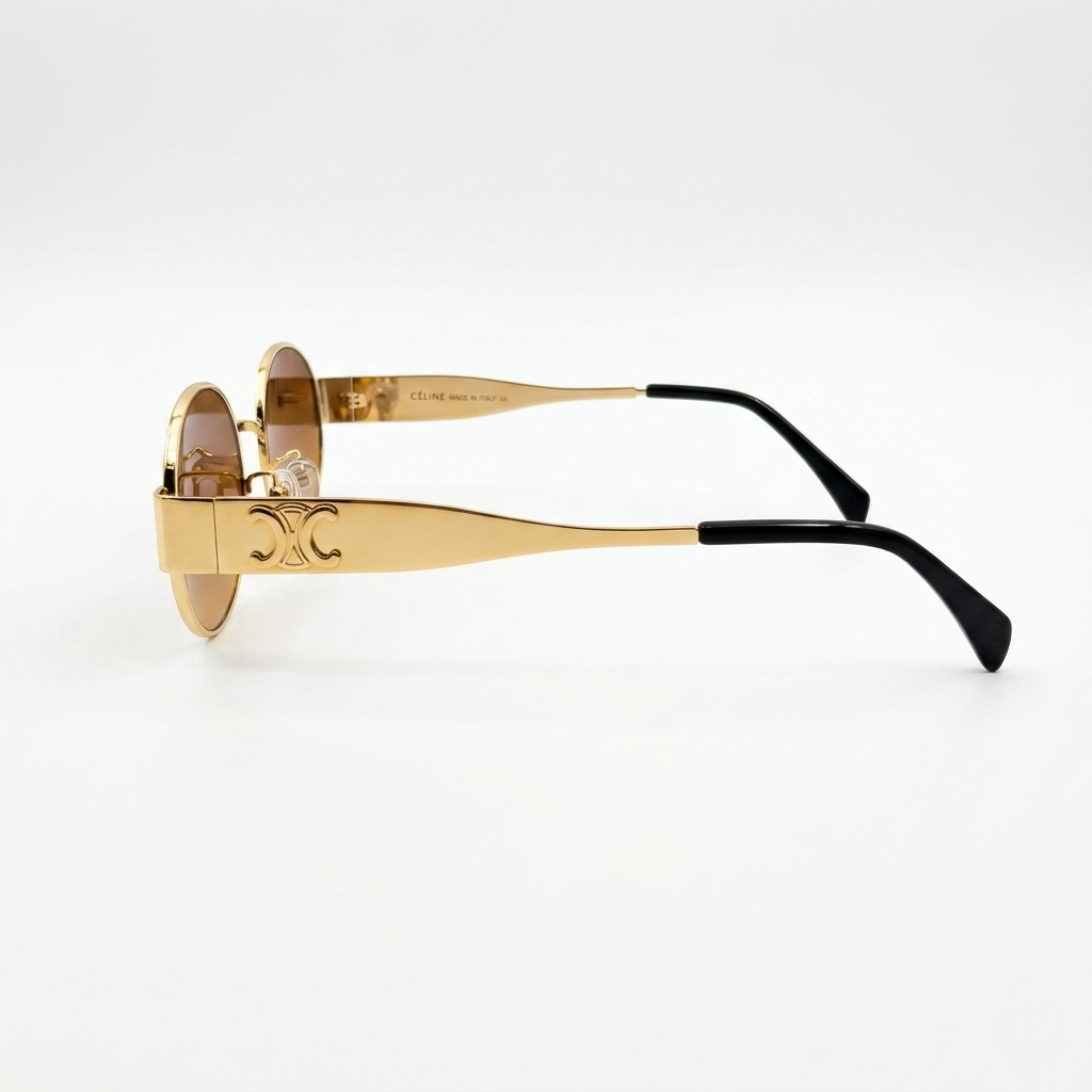 Celine 2380 Luxury Oval Sunglasses – Polished Gold Metal with Iconic Celine Triomphe Logo, Black Acetate Tips & Gradient Brown UV Protection Lenses