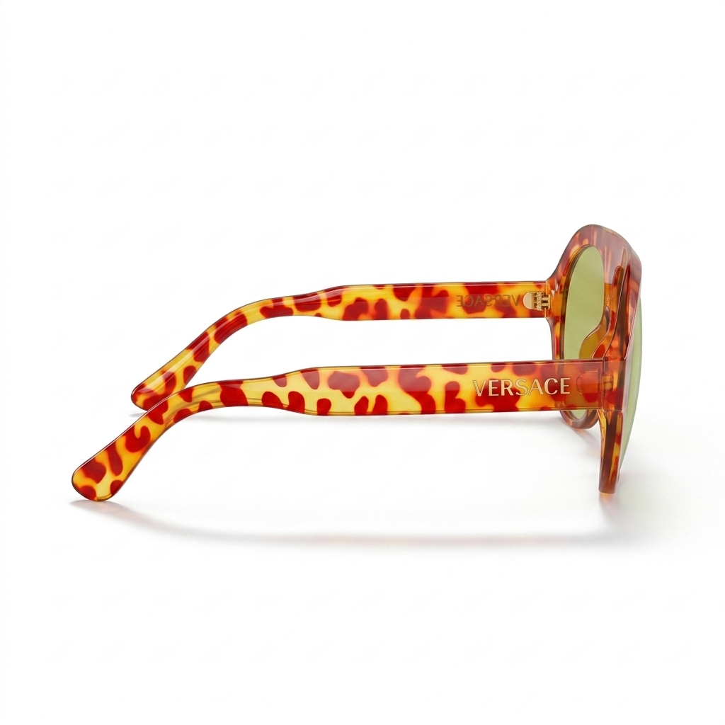 Versace 97193 Luxury Bold Aviator Sunglasses – Havana Tortoise Acetate with Gold Versace Temple Branding & Light Green UV Protection Lenses