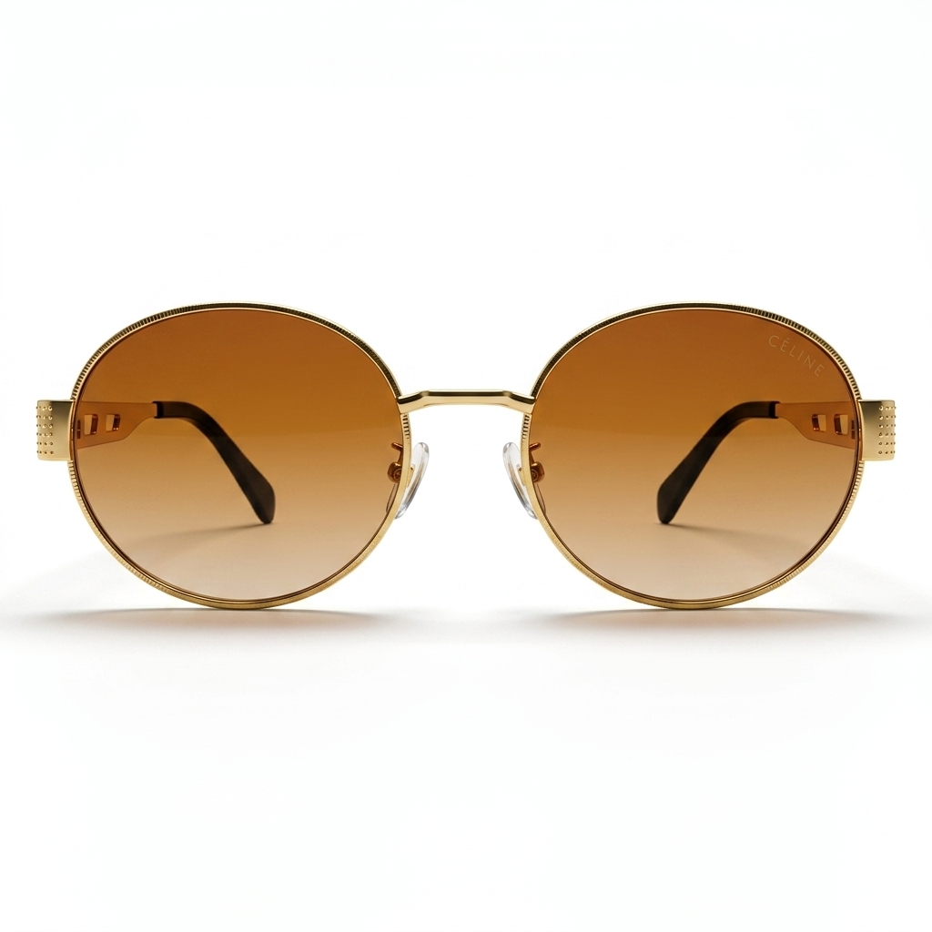 Celine 2380 Luxury Oval Sunglasses – Polished Gold Metal with Iconic Celine Triomphe Logo, Black Acetate Tips & Gradient Brown UV Protection Lenses