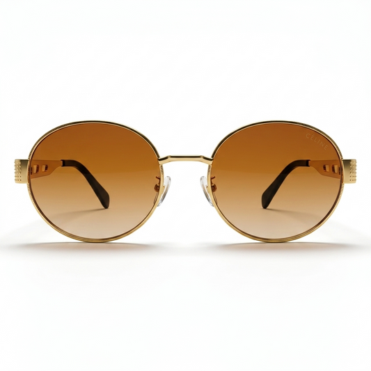 Celine 2380 Luxury Oval Sunglasses – Polished Gold Metal with Iconic Celine Triomphe Logo, Black Acetate Tips & Gradient Brown UV Protection Lenses