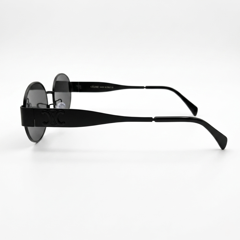 Celine 2380 Designer Oval Sunglasses – All Matte Black with Signature Celine Triomphe Logo & Dark Grey UV Protection Lenses Made in Italy