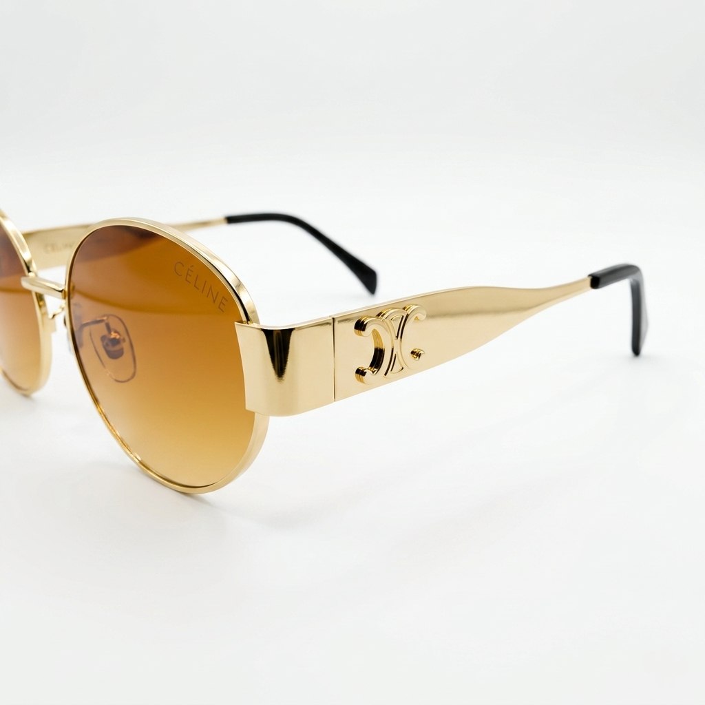 Celine 2380 Luxury Oval Sunglasses – Polished Gold Metal with Iconic Celine Triomphe Logo, Black Acetate Tips & Gradient Brown UV Protection Lenses