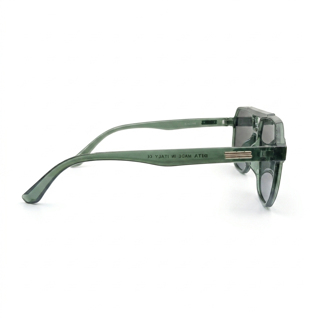 DITA 22058 Luxury Bold Aviator Sunglasses – Transparent Forest Green Acetate with Gold DITA Temple Detail & Dark Grey UV Protection Lenses