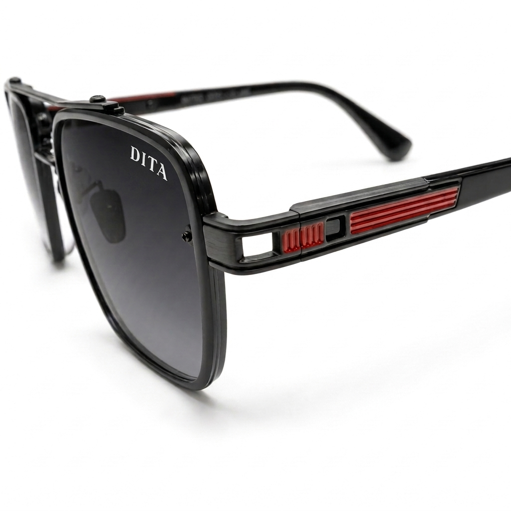 DITA 5G77 Luxury Square Aviator Sunglasses – Matte Black with Red Enamel Detailing, Double Bridge & Gradient Grey Lenses