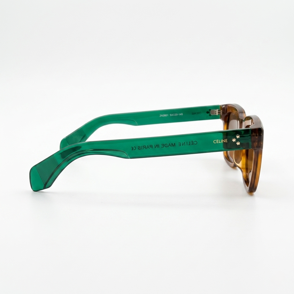 Celine 3831 Luxury Bold Square Sunglasses – Transparent Brown Acetate with Green Temples & Brown UV Protection Lenses